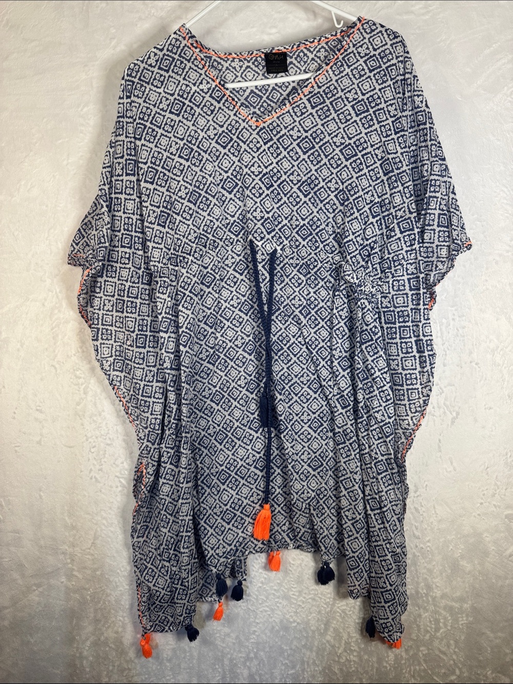 Patterned Navy and White Swim Cover Top with Orange Tassels One Size
